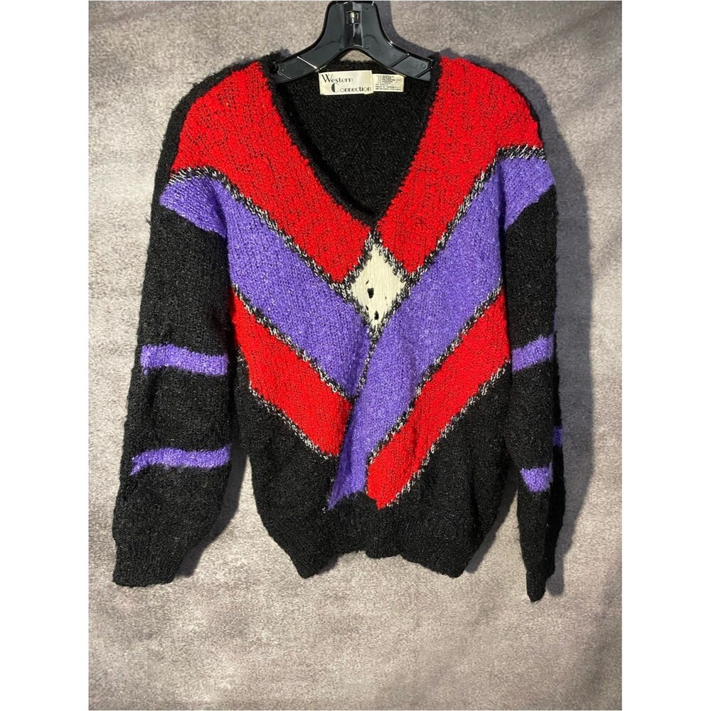 VTG 80s Western Connection V-Neck Boucle Knit Sweater Chevron Argyle M Distress